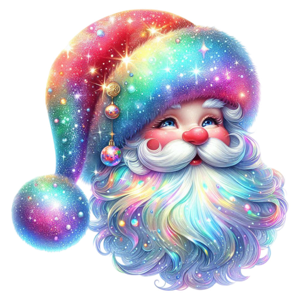 rainbow santa, multicolor santa, holographic santa, galaxy santa, celestial santa, whimsical santa, metallic rainbow, iridescent colors, pastel rainbow, bright rainbow, christmas santa, holiday santa, festive santa, sparkly santa, glittery santa, colorful beard, magical theme, fantasy santa, jolly santa, winter holiday, christmas fabric, red nose santa, white beard, rainbow gradient, magical christmas, enchanted santa, festive holiday, dimensional santa, decorative panel