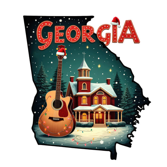 Christmas US States Fabric Panel 41 features Georgia with a snowy house and decorated guitar on premium quilting cotton.