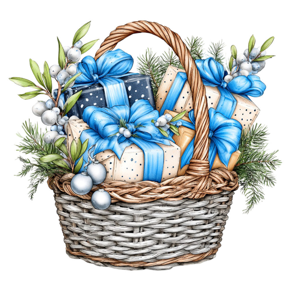 sky blue, cream, white, silver, sage green, forest green, blue bows, gift baskets, holiday, christmas, winter, festive, floral, botanical, evergreen branches, berries, nature, traditional, elegant, whimsical, vintage, rustic, decorative basket, gift theme, winter greenery, silver balls, ornaments, blue ribbons, seasonal, celebration