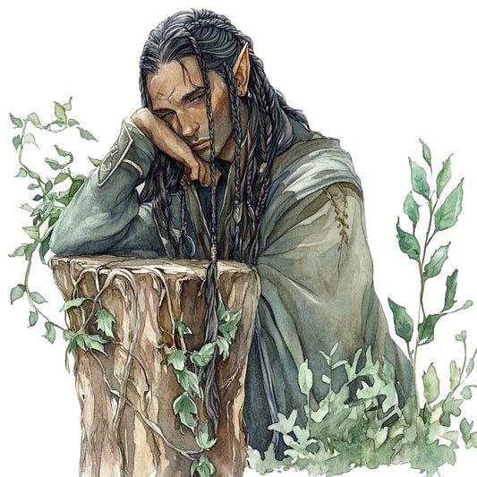 fantasy art, portrait, elf, pointed ears, long black hair, contemplative, forest green, sage green, earth tones, tan, beige, nature-inspired, woodland, mystical, ethereal, elegant, fantasy character, artistic illustration, detailed, watercolor style, bohemian, whimsical, magical, character study, wall hanging, decorative panel, adult themes, sophisticated design, muted colors, botanical elements