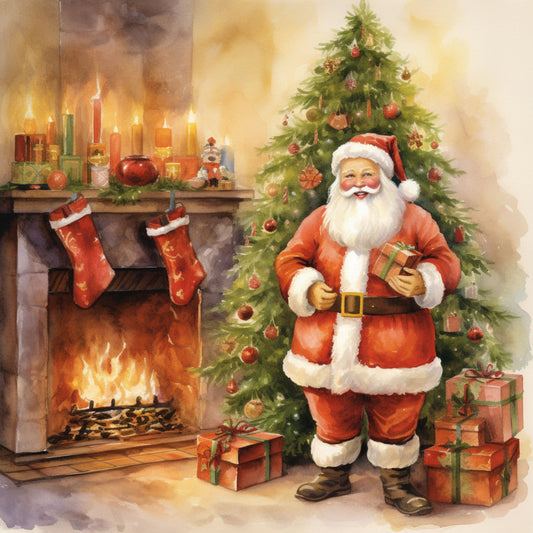 santa claus, christmas tree, fireplace, red suit, white beard, gift boxes, stockings, candles, warm colors, orange flames, green pine, holiday scene, watercolor style, cozy interior, fabric panel, quilting cotton, festive decorations, winter theme, jolly expression, present giving