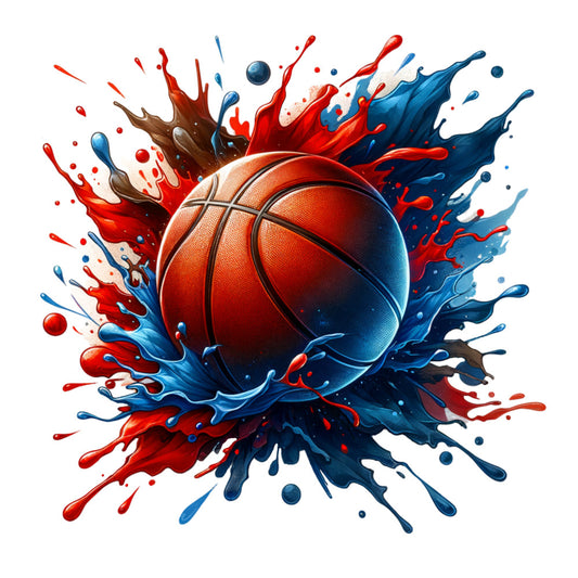 watercolor basketball, paint splash, red orange, navy blue, white background, sports theme, dynamic movement, artistic style, fabric panel, quilting cotton, athletic design, energetic mood, liquid paint effects, basketball motif, vibrant colors, modern art style, splatter pattern, round ball shape, fluid design, sporty fabric