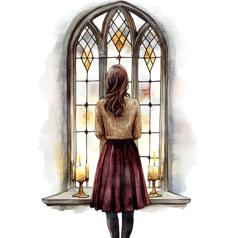 gothic window, stained glass, woman at window, contemplative, candles, medieval, vintage illustration, burgundy, cream, brown, gold accents, religious, spiritual, elegant, romantic, literary, classic literature, period piece, historic, architectural, arched window, traditional, moody, atmospheric, mystical, timeless, print panel, fashion illustration, dramatic, poetic