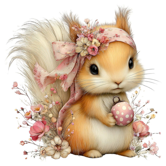 cute squirrel, woodland animals, floral, spring, pastel colors, dusty rose, coral pink, cream, tan, orange, white, flowers, roses, carnations, delicate florals, whimsical, children's fabric, baby quilt, nature themed, cottage core, sweet animals, embellished design, ribbon bow, polka dots, ornament, vintage style, gentle, soft colors, Easter, springtime