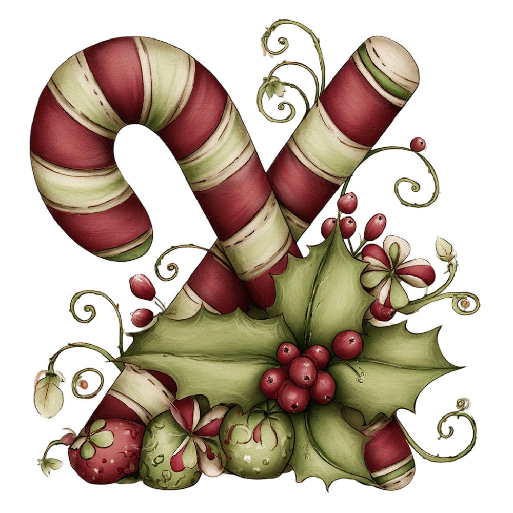 burgundy, cream, sage green, dusty rose, candy cane, striped, floral, nature, holiday, Christmas, whimsical, vintage, traditional, festive, berries, holly leaves, scrolls, curls, decorative, elegant, seasonal, winter, red berries, botanical, nostalgic, folk art, ornamental, muted tones, classic, festive arrangement