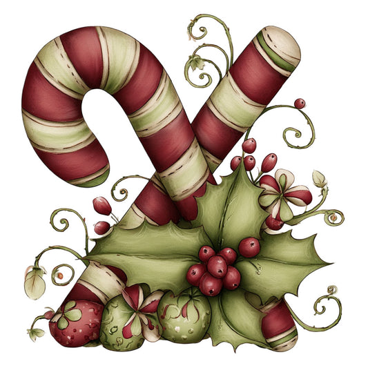 burgundy, cream, sage green, dusty rose, candy cane, striped, floral, nature, holiday, Christmas, whimsical, vintage, traditional, festive, berries, holly leaves, scrolls, curls, decorative, elegant, seasonal, winter, red berries, botanical, nostalgic, folk art, ornamental, muted tones, classic, festive arrangement