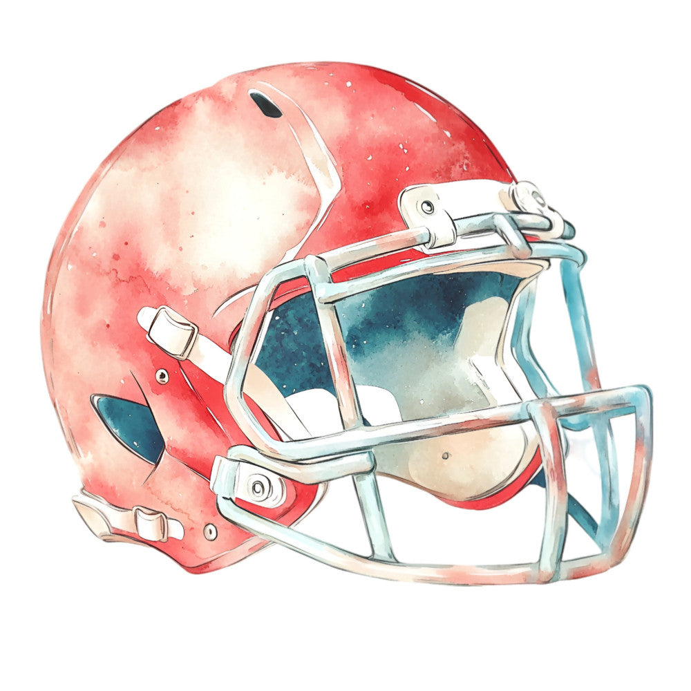 red football helmet, coral red, cream white, teal blue, watercolor, sports, athletic, football, helmet design, sports equipment, masculine, modern, illustration style, casual, fan gear, sports themed, team colors, gradient, painterly, abstract watercolor, sports fan, game day, football season, fall sports, bold colors, contemporary art style, decorative panel