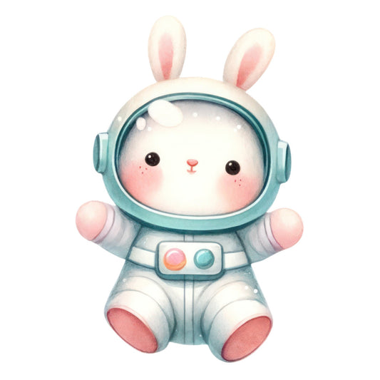 cute bunny, astronaut rabbit, space theme, teal blue, soft pink, cream white, animals, woodland, whimsical, children's, baby, nursery, kawaii, adorable, character design, illustrated, playful, modern, pastel colors, cosmic, galaxy theme, bunny ears, space helmet, springtime, soft pastels, gentle, cheerful, gender neutral, toddler, sweet character