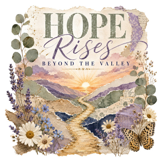 hope rises beyond the valley, inspirational, landscape, sunset, mountains, wildflowers, lavender, daisies, butterflies, eucalyptus, sage green, dusty purple, cream, gold, vintage, botanical, nature, spiritual, encouraging, bohemian, rustic, elegant, spring, summer, wall hanging, motivational, floral, scripture art, peaceful, uplifting