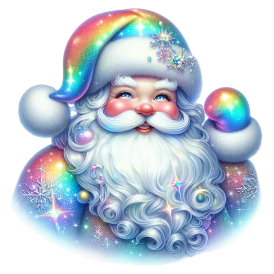 holographic, rainbow, iridescent, metallic, white, silver, pastel pink, purple, cyan blue, gold accents, santa claus, christmas, holiday, whimsical, magical, festive, celestial, snowflakes, stars, sparkles, jolly, vintage santa, winter, glitter effect, decorative, enchanted, nostalgic, children's, festive panel