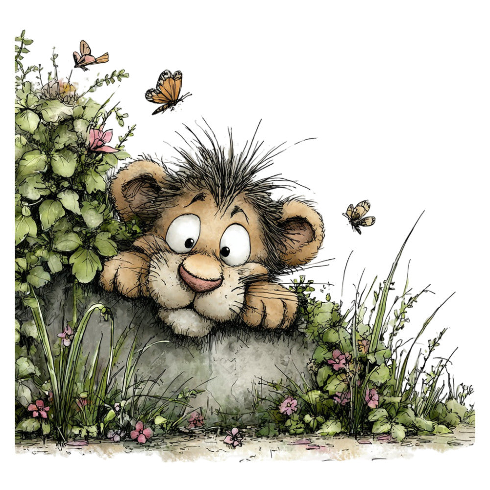 whimsical animals, cute lion, garden scene, butterflies, spring flowers, nature themed, woodland creatures, children's illustration, soft colors, sage green, cream, tan, dusty rose, pink flowers, grass, plants, botanical, storybook style, playful, gentle, baby fabric, nursery decor, illustrated animals, nature lover, garden insects, light watercolor, charming, sweet, countryside