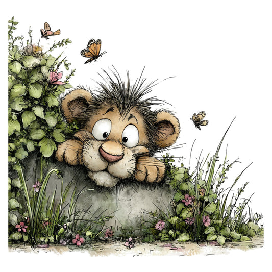 whimsical animals, cute lion, garden scene, butterflies, spring flowers, nature themed, woodland creatures, children's illustration, soft colors, sage green, cream, tan, dusty rose, pink flowers, grass, plants, botanical, storybook style, playful, gentle, baby fabric, nursery decor, illustrated animals, nature lover, garden insects, light watercolor, charming, sweet, countryside