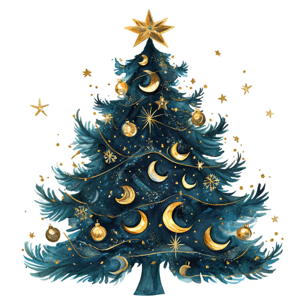 navy blue, teal, gold, celestial, stars, moons, crescent moons, baubles, ornaments, whimsical, magical, holiday, christmas, winter, elegant, dreamy, nighttime, moon phases, gold accents, sparkly, enchanted, festive, dark blue, golden stars, moon motifs, tree, evergreen, night sky, starry, luxe
