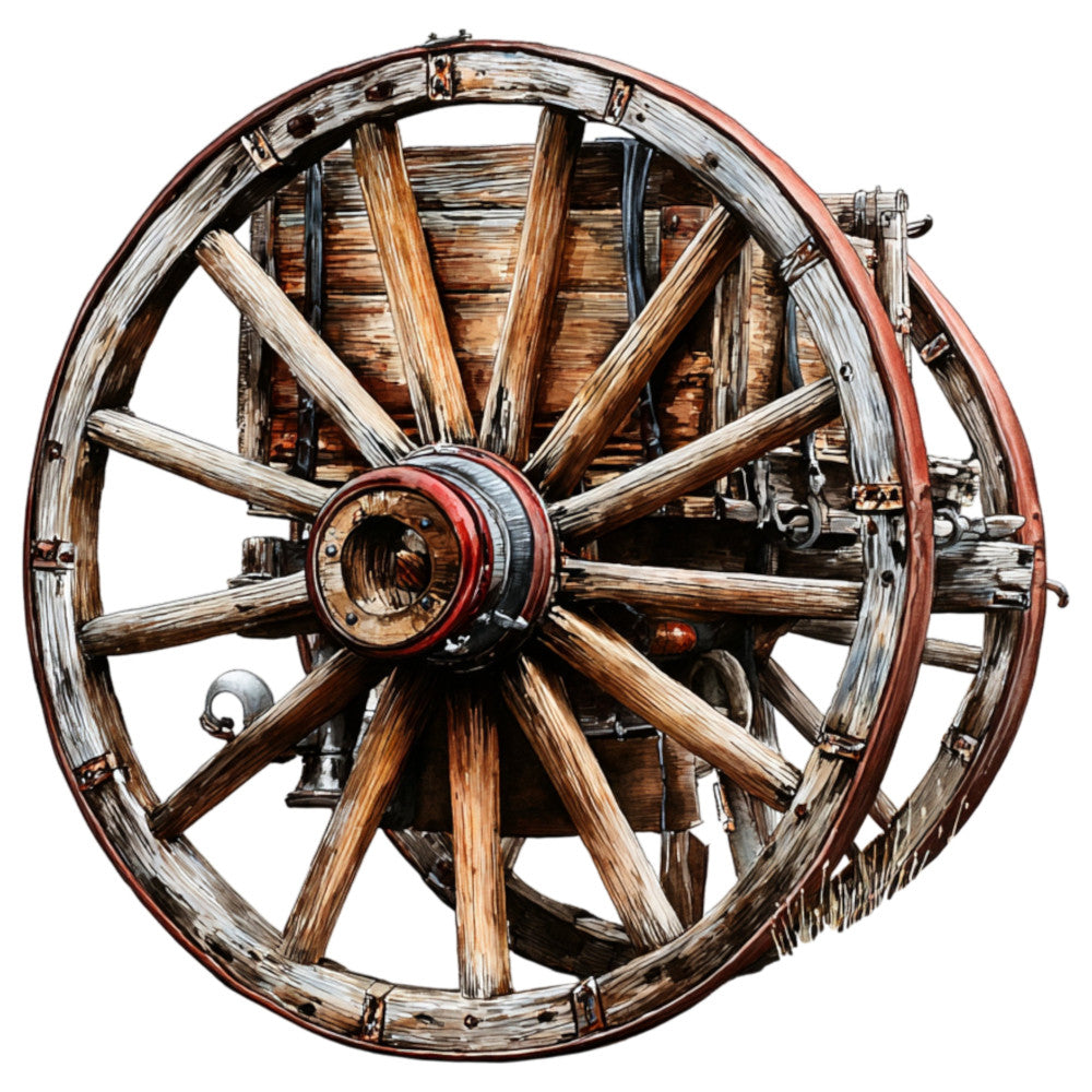 wagon wheel, vintage, rustic, farmhouse, western, brown, tan, red, wood grain, wooden wheel, antique, country, folk art, detailed illustration, realistic, americana, old west, heritage, traditional, timeless, homestead, pioneer, nostalgic, wooden spokes, metal rim, distressed, weathered, cabin decor, ranch style