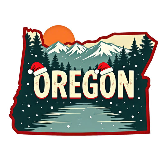 Christmas US States Fabric Panel 14 featuring Oregon silhouette with snowy mountains, pine trees, and festive Santa hats design.