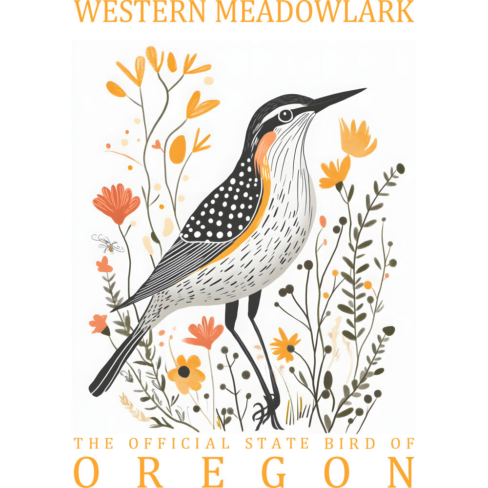 western meadowlark, oregon state bird, bird illustration, orange flowers, coral blooms, botanical elements, wildflowers, meadow plants, nature scene, fabric panel, quilting cotton, folk art style, whimsical design, black spotted bird, yellow accents, orange palette, floral motifs, prairie grass, decorative birds, spring meadow