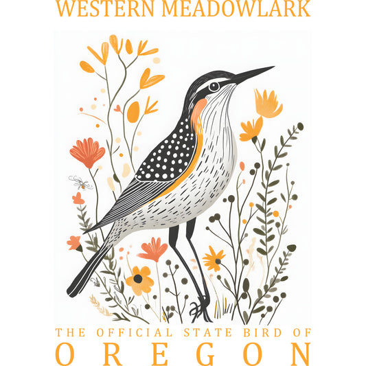 western meadowlark, oregon state bird, bird illustration, orange flowers, coral blooms, botanical elements, wildflowers, meadow plants, nature scene, fabric panel, quilting cotton, folk art style, whimsical design, black spotted bird, yellow accents, orange palette, floral motifs, prairie grass, decorative birds, spring meadow