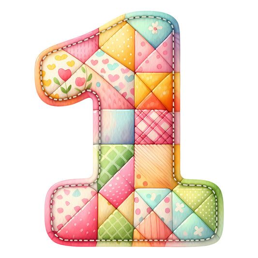 pastel colors, soft pink, mint green, pale yellow, coral orange, baby blue, heart motif, flower motif, polka dots, quilted patchwork, geometric, whimsical, playful, cheerful, baby quilt, nursery, sweet, cute, spring, cottage core, stitched detail, mixed patterns, colorful, rainbow, daisy, charming, child-friendly, quilted number one