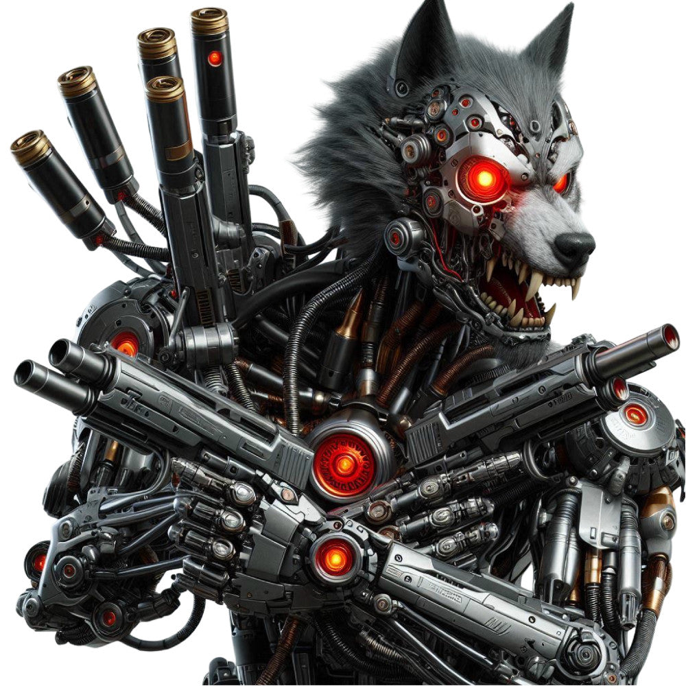 steampunk wolf, mechanical animal, cyberpunk, sci-fi, futuristic, industrial, black, metallic silver, bronze, red glowing eyes, gears, machinery, tech-inspired, digital art style, modern, dystopian, fantasy animal, wolf head, robotic, neon red accents, guns and weapons, action theme, bold graphic, high-tech, contemporary, edgy design, dark theme, adult decor, novelty print