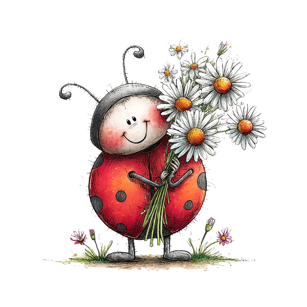 ladybug, red, white, yellow, gold, orange, daisy, flowers, floral, whimsical, cute, cheerful, spring, nature, garden, insects, bugs, smiling face, happy, children, kids, animal theme, playful, vibrant, charming, botanical, countryside, illustration style, storybook, pastoral