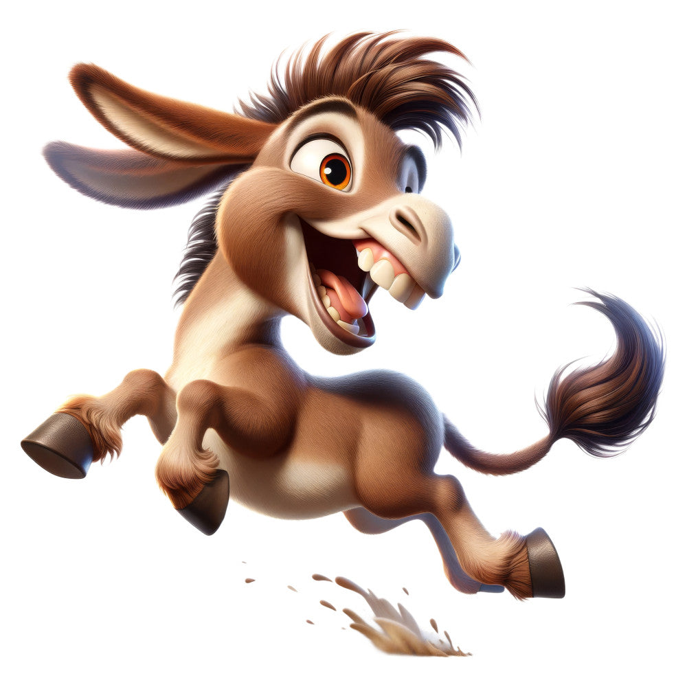 cartoon donkey, whimsical animals, brown, tan, cream, children's fabric, playful, animated characters, farm animals, jumping donkey, happy expression, character panel, kid's quilt, novelty print, light hearted, fun animals, brown and cream, cute donkey, children's illustration, storybook style, playful animals, decorative panel, nursery fabric, animal characters, spring animals, cheerful design, youth themed, comic style animals