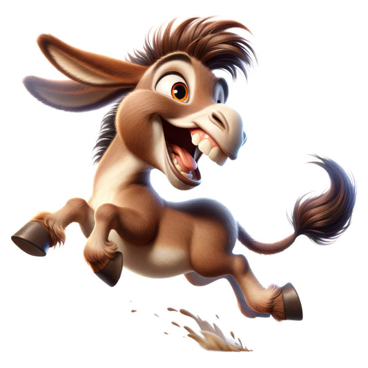 cartoon donkey, whimsical animals, brown, tan, cream, children's fabric, playful, animated characters, farm animals, jumping donkey, happy expression, character panel, kid's quilt, novelty print, light hearted, fun animals, brown and cream, cute donkey, children's illustration, storybook style, playful animals, decorative panel, nursery fabric, animal characters, spring animals, cheerful design, youth themed, comic style animals