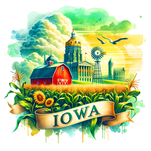 US States Retro Travel Fabric Panel 53 featuring Iowa with barn, sunflowers, windmill, and state capitol in vibrant quilting cotton design