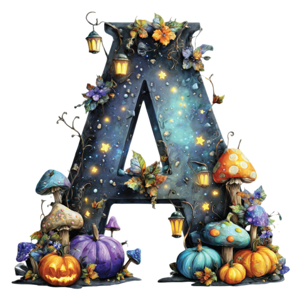 midnight blue, navy blue, teal, turquoise, orange, gold, yellow, purple, autumn, halloween, fall, whimsical, magical, celestial, stars, pumpkins, mushrooms, lanterns, flowers, floral, glowing lights, enchanted, fantasy, nocturnal, nighttime, seasonal, harvest, jack-o-lantern, decorative, ornate