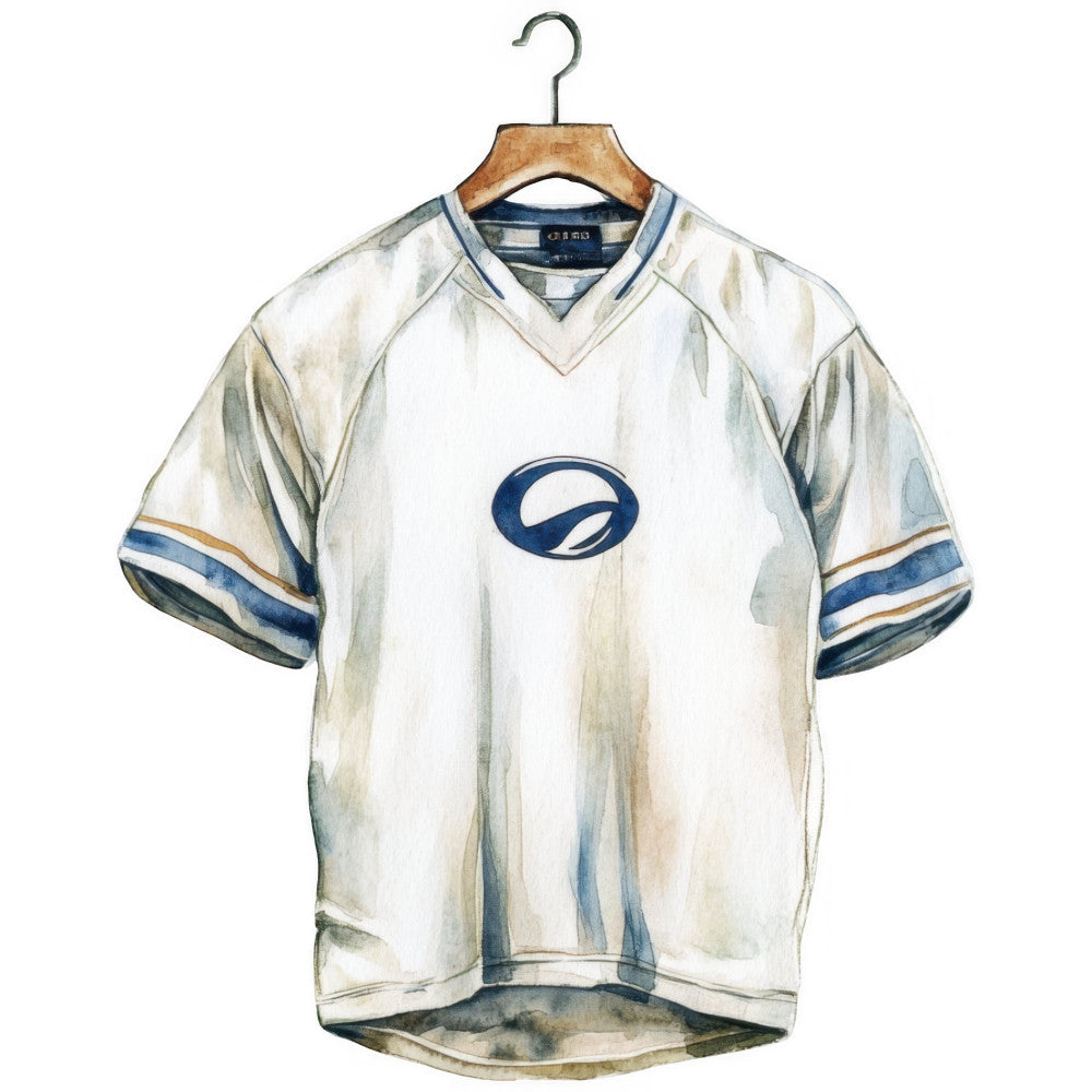 vintage sports jersey, retro athletic wear, cream white, navy blue, tan beige, striped sleeves, v-neck collar, sports themed, nostalgic design, 90s style, casual wear, unisex apparel, graphic tee, heritage sportswear, classic athletic, preppy style, color blocking, traditional sports, emblem motif, timeless style, retro fashion, men's clothing, casual fashion, vintage inspired, athletic aesthetic, light neutral tones, blue and cream, sporting goods, nostalgic fashion, timeless apparel