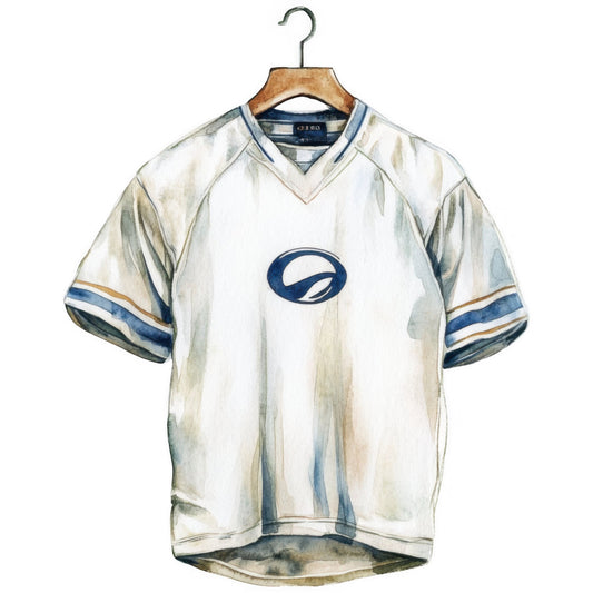 vintage sports jersey, retro athletic wear, cream white, navy blue, tan beige, striped sleeves, v-neck collar, sports themed, nostalgic design, 90s style, casual wear, unisex apparel, graphic tee, heritage sportswear, classic athletic, preppy style, color blocking, traditional sports, emblem motif, timeless style, retro fashion, men's clothing, casual fashion, vintage inspired, athletic aesthetic, light neutral tones, blue and cream, sporting goods, nostalgic fashion, timeless apparel