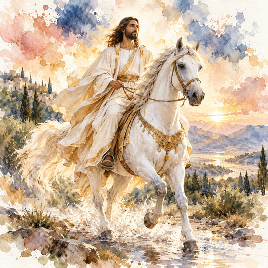 watercolor, religious, spiritual, jesus christ, white horse, gold accents, cream, soft blue, dusty rose, warm beige, tan, landscape, mountain scenery, castle, cypress trees, ethereal, heavenly, inspirational, biblical, majestic, flowing robes, noble, romantic, traditional, peaceful, serene, fantasy, elegant, garden setting, wall hanging