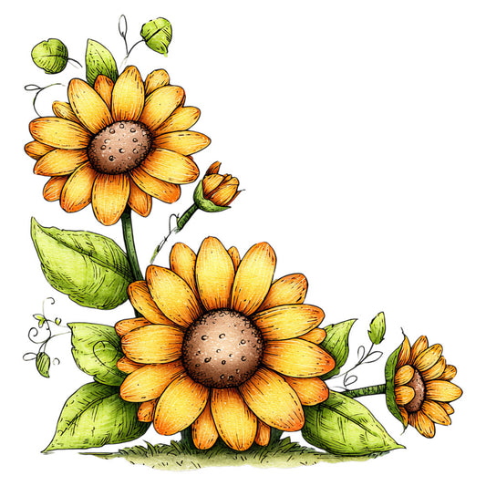sunflower, golden yellow, burnt orange, sage green, brown, floral, botanical, nature, summer, autumn, whimsical, vintage, farmhouse, rustic, hand-drawn, illustrated, cheerful, garden, wildflower, leaves, stems, tendrils, bee-friendly, naturalistic, folk art, cottage core, country style, warm tones, detailed illustration