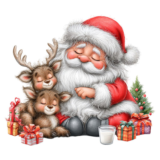 christmas, santa, reindeer, holiday, festive, red, white, cream, brown, tan, rust, whimsical, cute, charming, children's, baby, gift boxes, presents, evergreen tree, cozy, vintage, traditional, warm, jolly, seasonal, winter, december, sleeping animals, peaceful, decorative