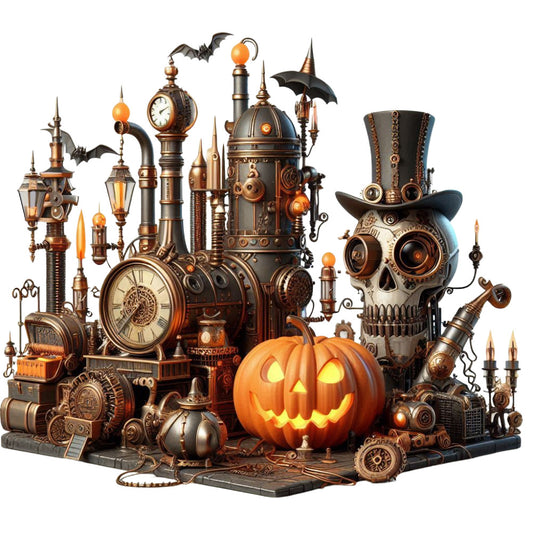 steampunk, halloween, pumpkin, jack-o-lantern, skull, bronze, copper, brass, gold, orange, black, grey, victorian, industrial, vintage, gothic, spooky, mechanical, gears, clockwork, bats, haunted, autumn, fall, holiday, dark fantasy, ornate, decorative, wall hanging