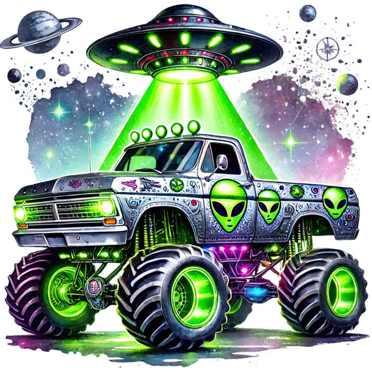 neon green, lime green, bright green, purple, magenta, teal, blue, white, black, alien faces, ufo, flying saucer, sci-fi, science fiction, space, cosmic, celestial, futuristic, monster truck, vehicle, extraterrestrial, neon lights, glow-in-the-dark, whimsical, playful, novelty, kids, children, fun, bold