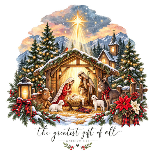 nativity scene, christmas, religious, holy night, winter, snow, mountain landscape, stable, manger, jesus, mary, joseph, shepherd, animals, deer, lamb, dove, evergreen trees, poinsettia, red plaid, gold accents, warm gold, forest green, cream, burgundy, lantern, cross, church, starry sky, star of bethlehem
