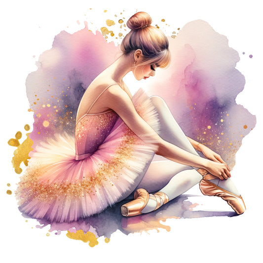 ballet dancer, ballerina, pink tutu, pointe shoes, watercolor style, purple background, gold accents, graceful pose, sitting dancer, soft pastels, fabric panel, quilting cotton, dance theme, artistic illustration, feminine design, lilac tones, golden splashes, elegant movement, studio scene, performing arts