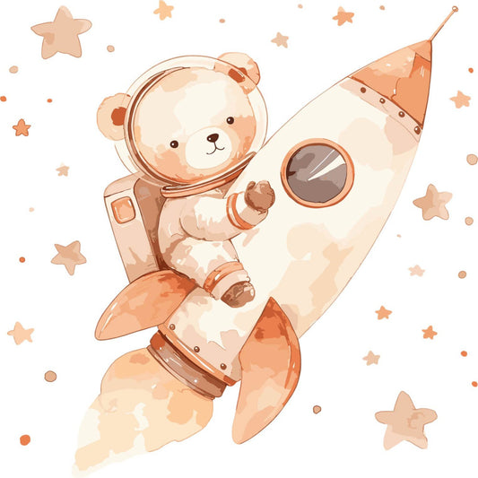 peach, cream, tan, coral, warm neutrals, space theme, celestial, astronaut, teddy bear, rocket ship, stars, whimsical, nursery, baby, children's, cute, adorable, adventure, exploration, cosmic, outer space, gender neutral, soft colors, pastel, illustration style, storybook, playful, dream theme, bedding, baby quilt