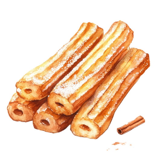 cinnamon brown, golden yellow, cream, food, dessert, churros, pastries, baked goods, sweet treats, spanish food, culinary, kitchen, food illustration, whimsical, playful, fun, cinnamon sticks, powdered sugar, bakery, gourmand, foodie, novelty, children, kids, food themed, culinary arts, gourmet