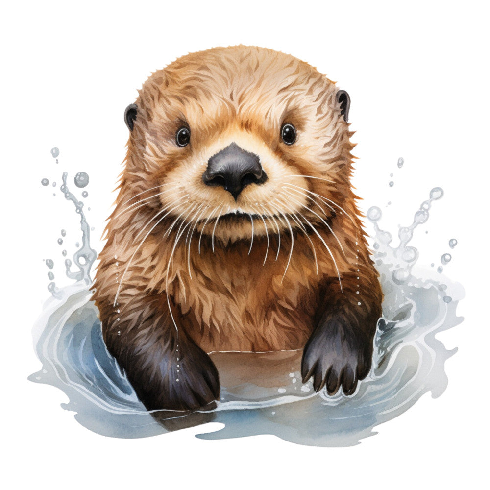 otter, water animal, wildlife, nature, aquatic, splash, water splashes, brown, tan, cream, white, gray, blue-gray, cute animals, whimsical, playful, children's, nursery, woodland, river animal, realistic illustration, watercolor style, modern, contemporary, animal portrait, detailed, expressive eyes, water theme, aquatic theme, kid-friendly