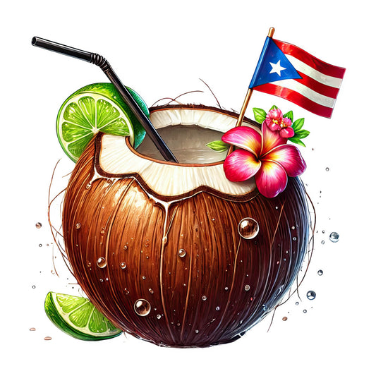 tropical cocktail, coconut drink, lime green, hot pink, magenta, deep brown, cream white, red and white stripes, puerto rico flag, hibiscus flower, citrus fruit, summer beverage, island theme, beach vacation, whimsical style, bold colors, vibrant design, nature motifs, botanical illustration, fun and playful, tropical paradise, resort wear, summer party, tiki bar, vacation vibes, colorful illustration, detailed artwork, decorative elements, leisure theme