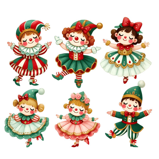 christmas, holiday, festive, whimsical, vintage, elf, elves, jester, circus, clown, red, green, gold, cream, striped, polka dot, jolly, playful, nostalgic, retro, cute, cheerful, decorative, children's, whimsy, ruffled collar, bells, bows, christmas characters, festive theme