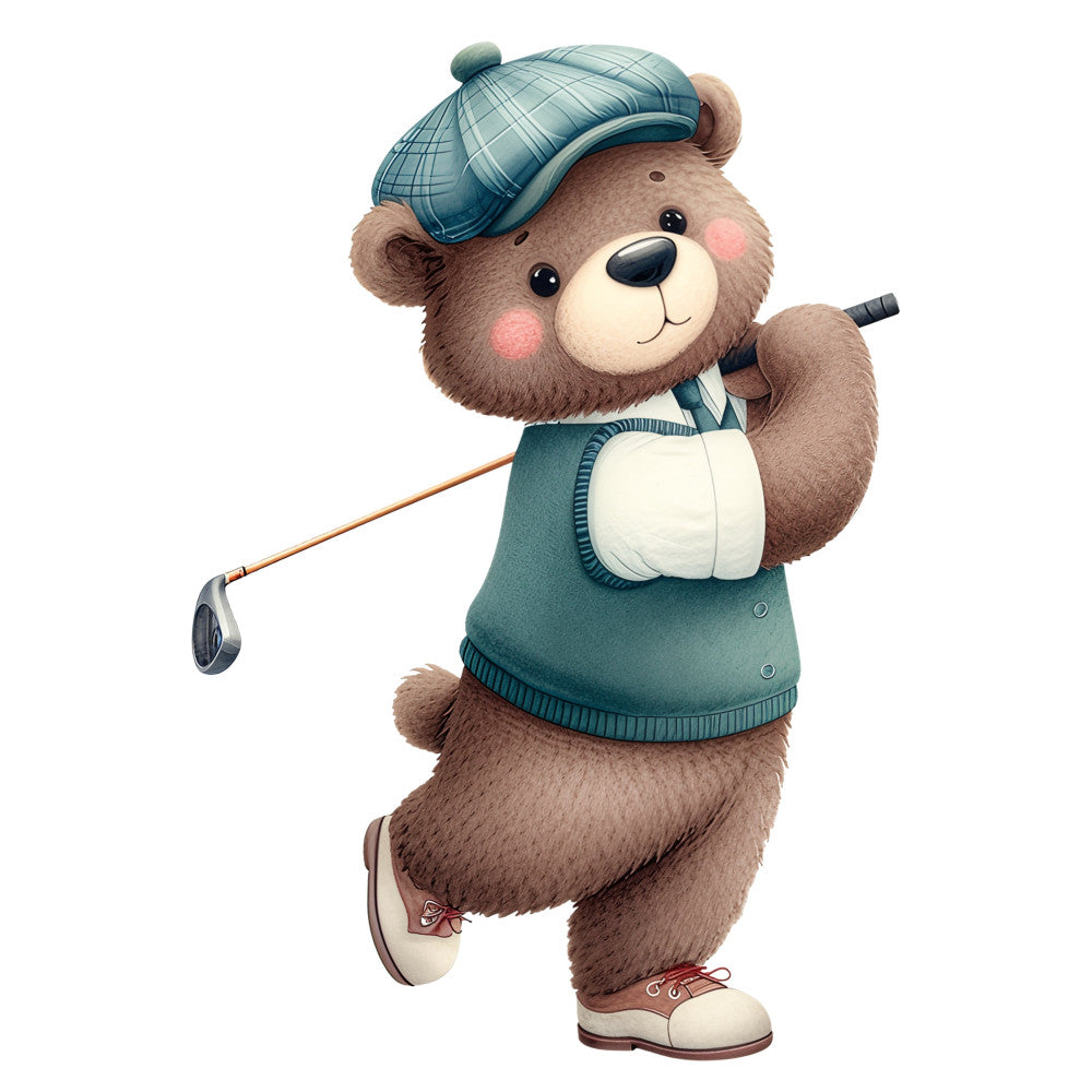 teddy bear, golf, sports, children, kids, baby, whimsical, cute, adorable, plaid cap, teal blue, cream, beige, brown, tan, vintage, nursery, storybook, character, playful, boy, activity, leisure, illustrated, animal, cheerful, friendly, preppy, classic, timeless