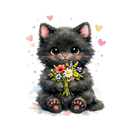 cute kitten, fluffy cat, gray cat, charcoal gray, soft pink, coral pink, golden yellow, pastel colors, floral, wildflower bouquet, hearts, whimsical, adorable, sweet, children's, baby, playful, nature-inspired, spring, summer, animal theme, cat lover, feminine, delicate, watercolor style, illustration, decorative, nurturing theme, gift fabric, girls' quilts