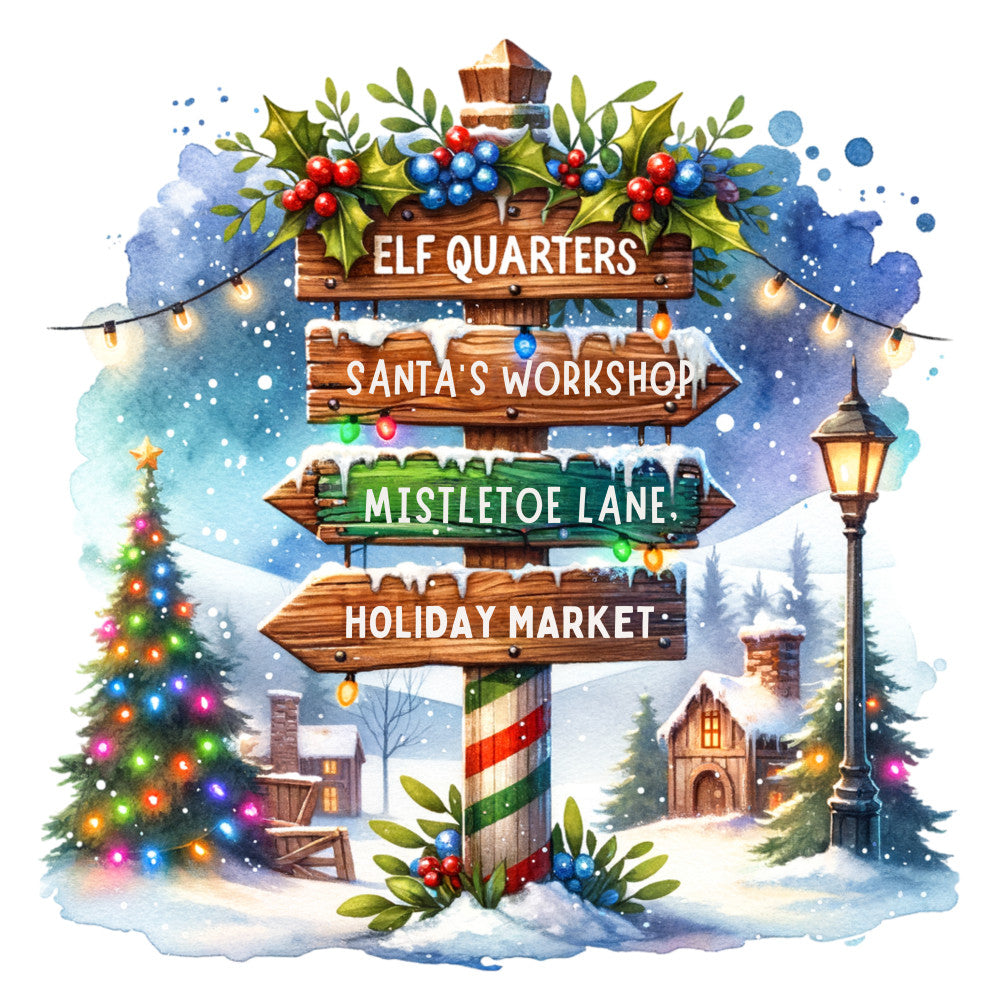 christmas signpost, fabric panel, watercolor style, winter scene, snow falling, holly berries, green foliage, red berries, blue berries, string lights, christmas tree, lamp post, wooden signs, elf quarters, santa's workshop, mistletoe lane, holiday market, winter village, snowy landscape, festive illustration, quilting cotton, craft panel, seasonal fabric