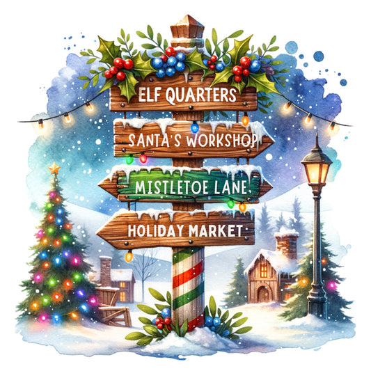christmas signpost, fabric panel, watercolor style, winter scene, snow falling, holly berries, green foliage, red berries, blue berries, string lights, christmas tree, lamp post, wooden signs, elf quarters, santa's workshop, mistletoe lane, holiday market, winter village, snowy landscape, festive illustration, quilting cotton, craft panel, seasonal fabric