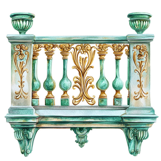 verdigris green, patina blue, gold accents, classical architecture, ornamental design, neoclassical, elegant, vintage, traditional, decorative urns, floral scrollwork, baroque details, acanthus leaves, column motifs, symmetrical pattern, sophisticated, ornate, historical, timeless, garden theme, architectural elements, damask style, formal decor, home furnishings, upholstery, elegant botanical, antique inspired, classical revival