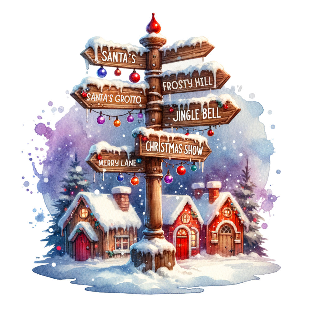christmas signpost, winter village, snow-covered houses, watercolor style, fabric panel, quilting cotton, holiday directional signs, festive ornaments, cozy cottages, purple sky, blue winter scene, red doors, wooden signpost, santa's grotto, jingle bell, frosty hill, merry lane, christmas show, snowy rooftops, holiday fabric