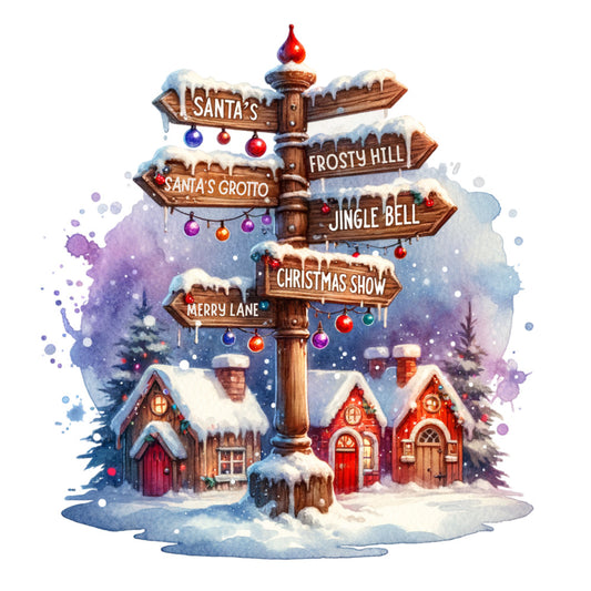 christmas signpost, winter village, snow-covered houses, watercolor style, fabric panel, quilting cotton, holiday directional signs, festive ornaments, cozy cottages, purple sky, blue winter scene, red doors, wooden signpost, santa's grotto, jingle bell, frosty hill, merry lane, christmas show, snowy rooftops, holiday fabric