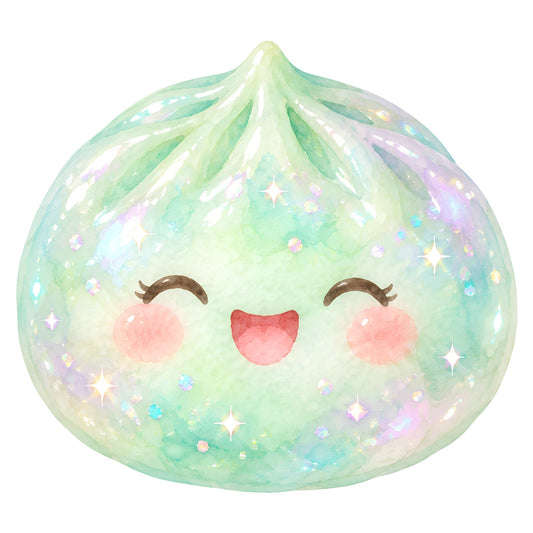 mint green, pastel green, lavender purple, soft pink, pale yellow, iridescent, sparkly, shimmery, cute face, kawaii, whimsical, celestial, stars, heart mouth, closed eyes, magical, fantasy, dreamy, pastel colors, glitter effect, sweet character, children's, baby, nursery, wall art, playful, enchanted, girly, soft aesthetic, spring